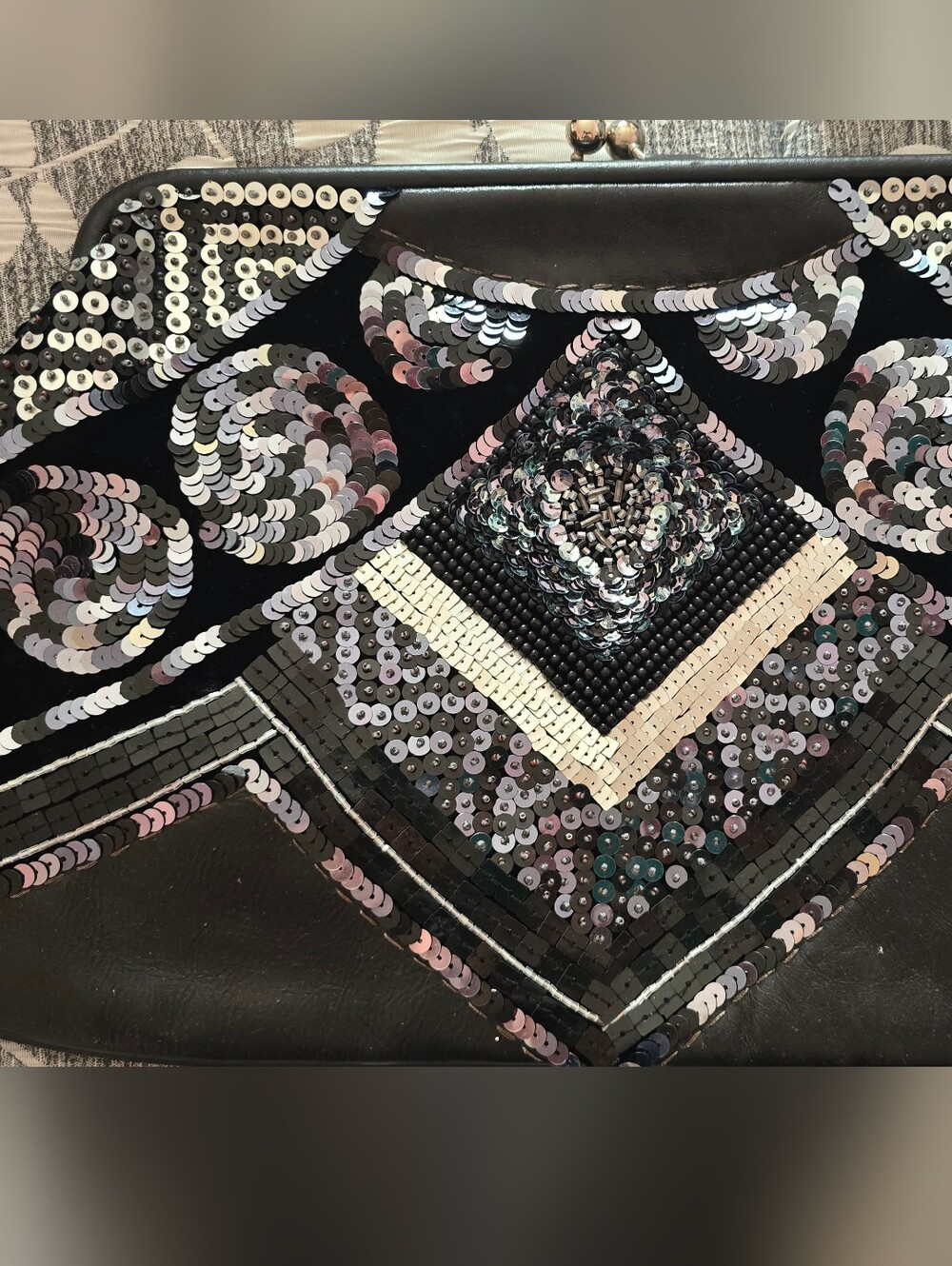 bebe Black Sequin and Bead Embellished Evening Clutch